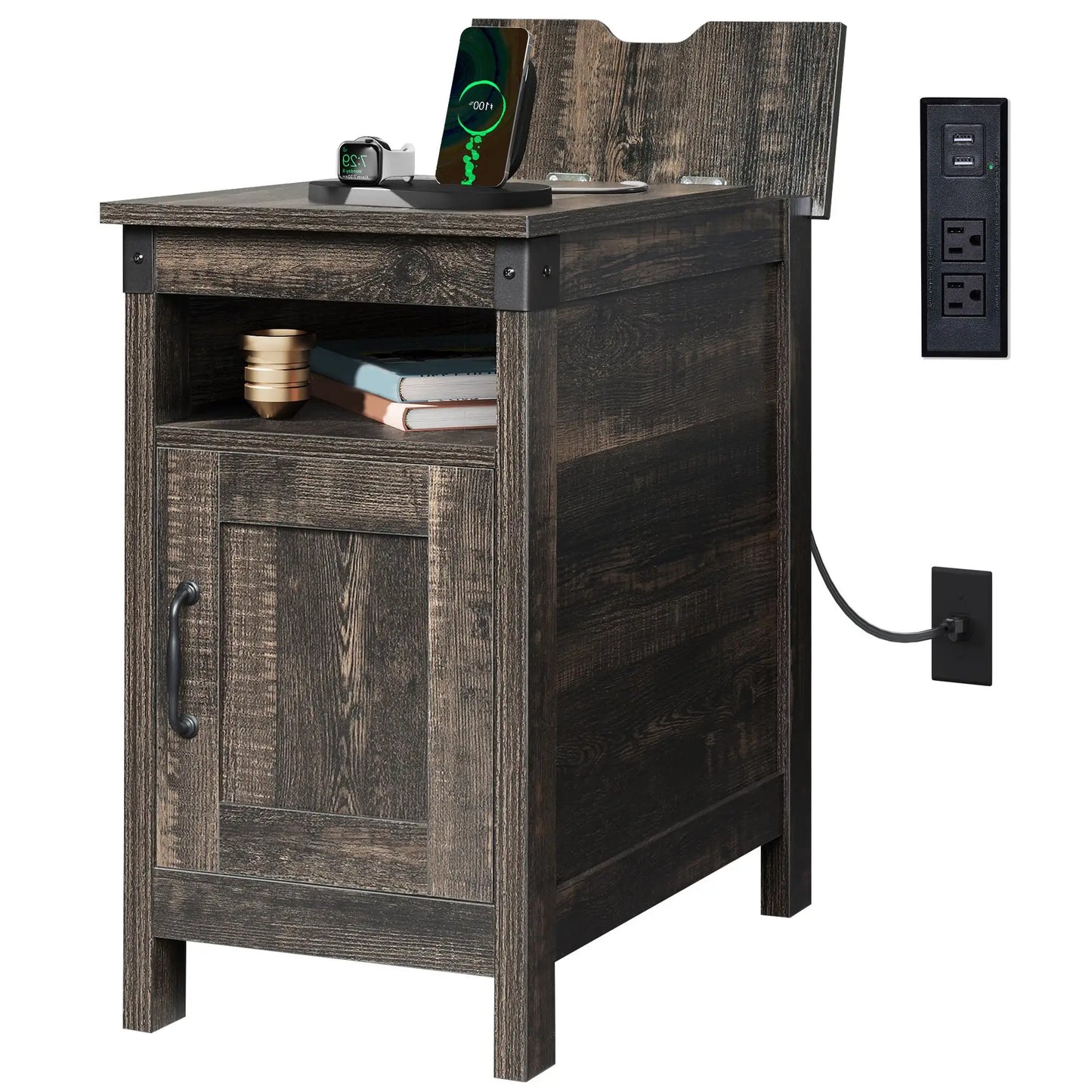 GALAXHERO Farmhouse End Table with Charging Station Side Table for Living Room Bedroom Nightstand with USB Ports and Storage