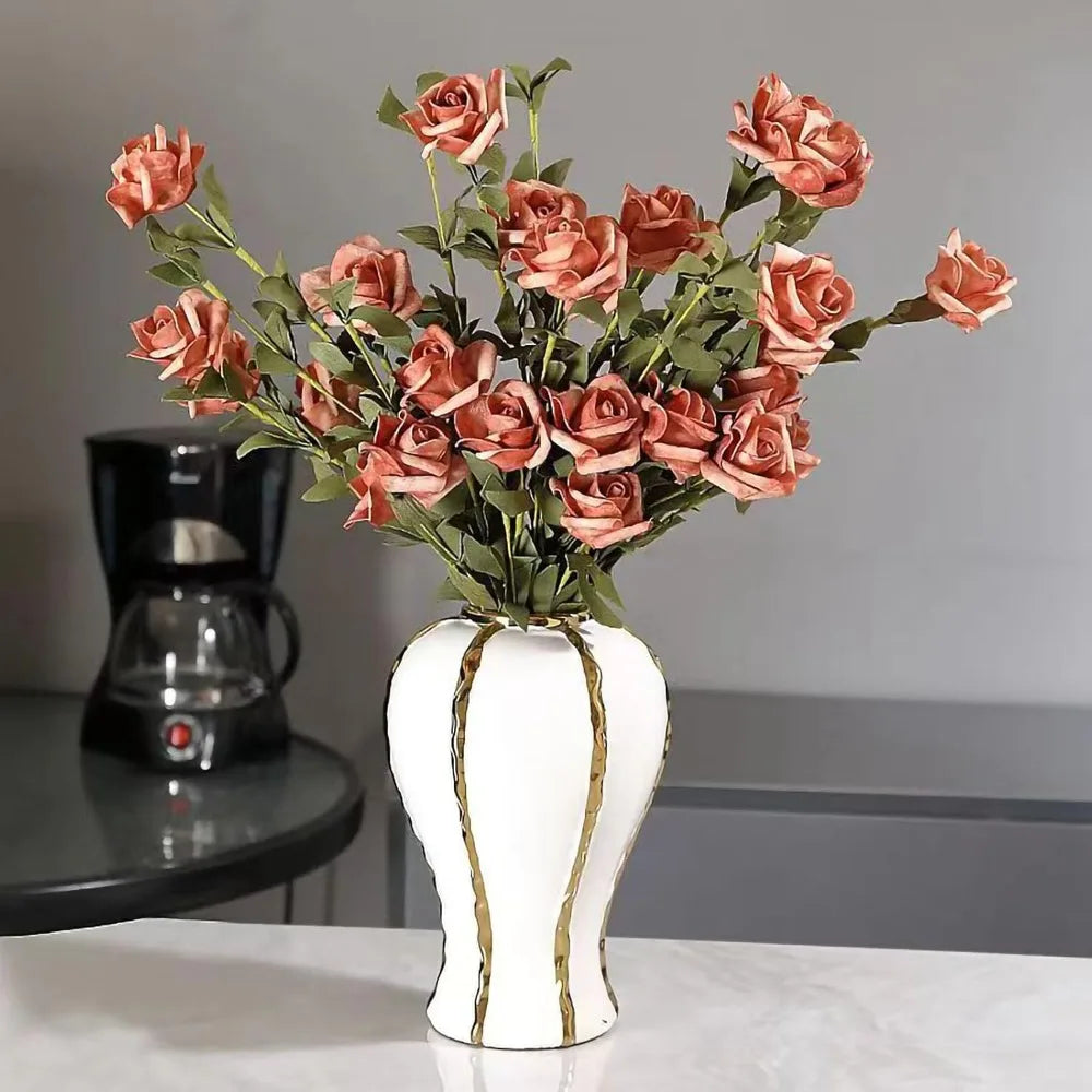 Ceramic Flower Vase with Gold Trim, Modern Decorative Vase Handmade for Weddings, Home Office,Living Room,Mantle Fireplace