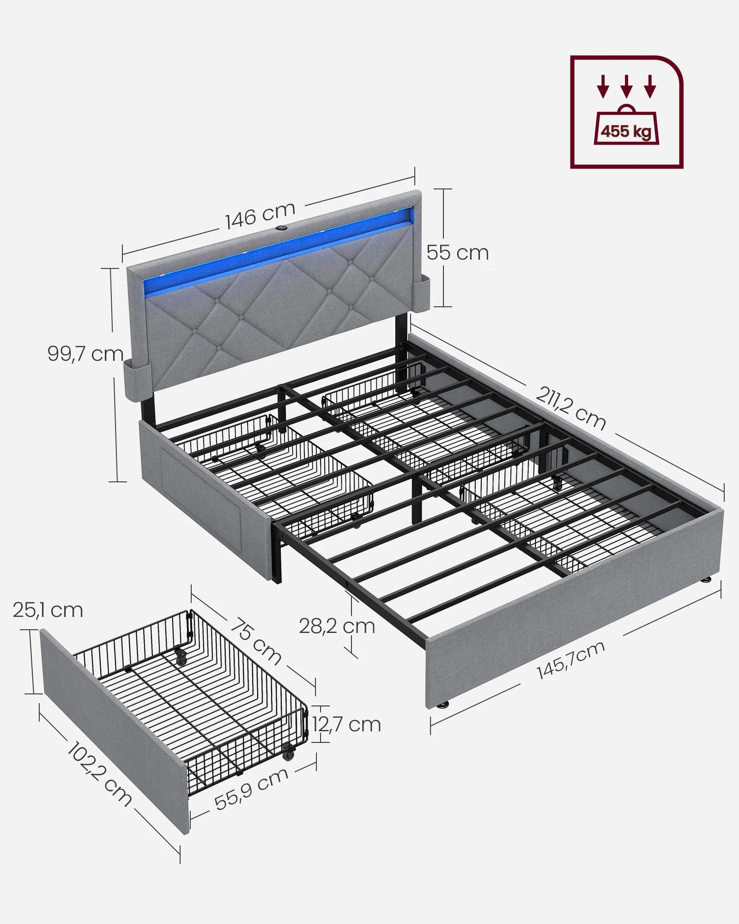 VASAGLE Upholstery bed double bed frame bed frame Metal bed (LED, 4 drawers, charging station