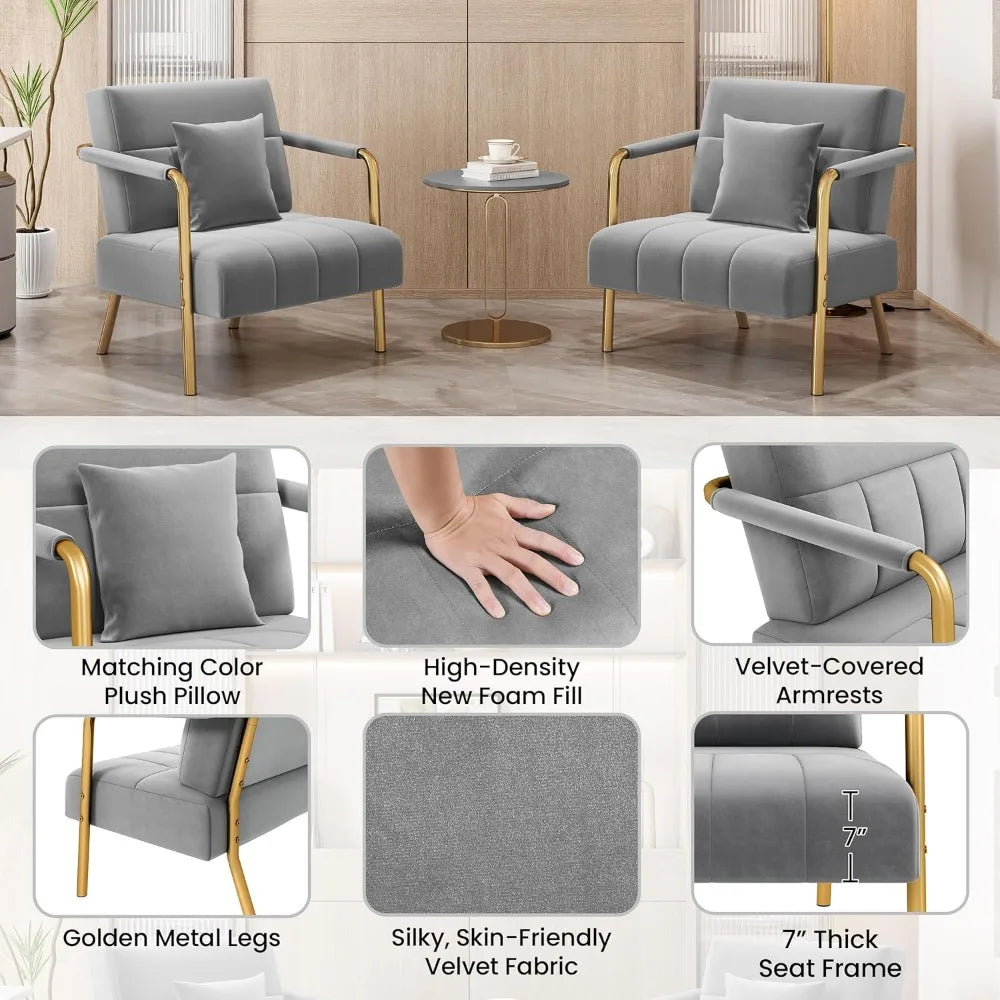 30" W Accent Chair Velvet Oversized Armchair Living Room Chair with Golden Frame & Cozy Pillow for Living Room, Light Gray
