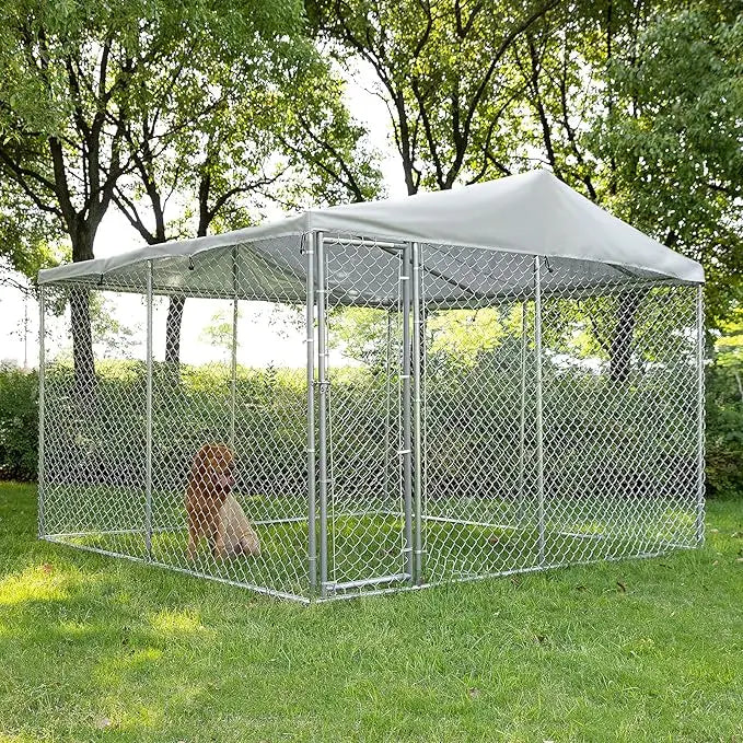Outdoor Large Dog Kennel, Heavy Duty Dog cage, Galvanized Steel Dog Fence, with UV Resistant Waterproof Cover and Safety Lock