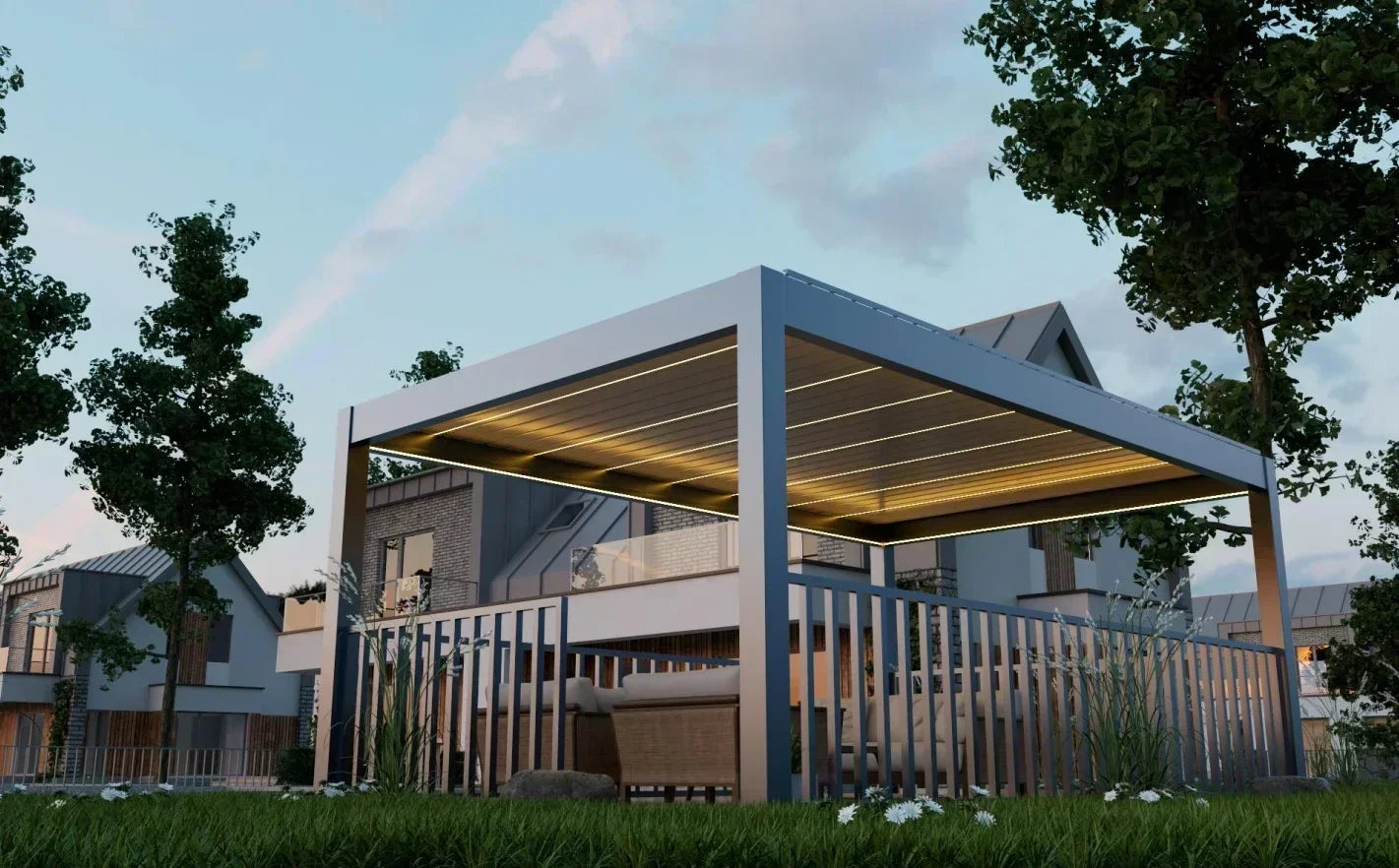 Waterproof Outdoor Pergola with Sliding Glass Door Garden Louvered Pergola for Living Room Outdoor Motorized Aluminum Gazebos