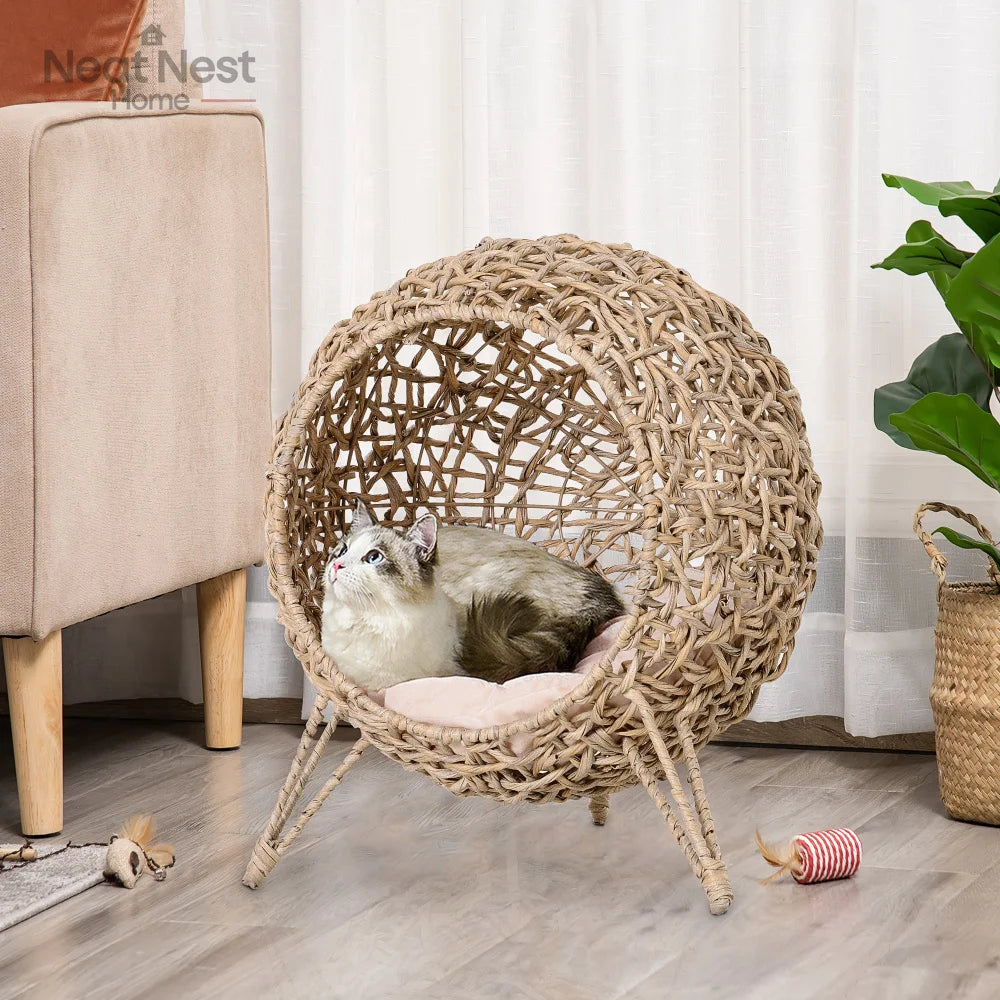 Weaved Cat Bed,pet bed, Elevated Hand-woven Braided Banana Leaf Kitten House Condo with Cushion,cats products,houses & habitats