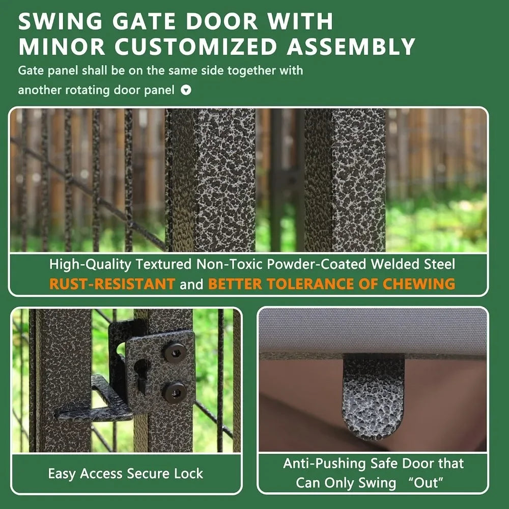 Outdoor Dog Kennel, Large Heavy Duty Metal Dog Cage Dog Pen Enclosure House with Roof & Rotating Feeding Door