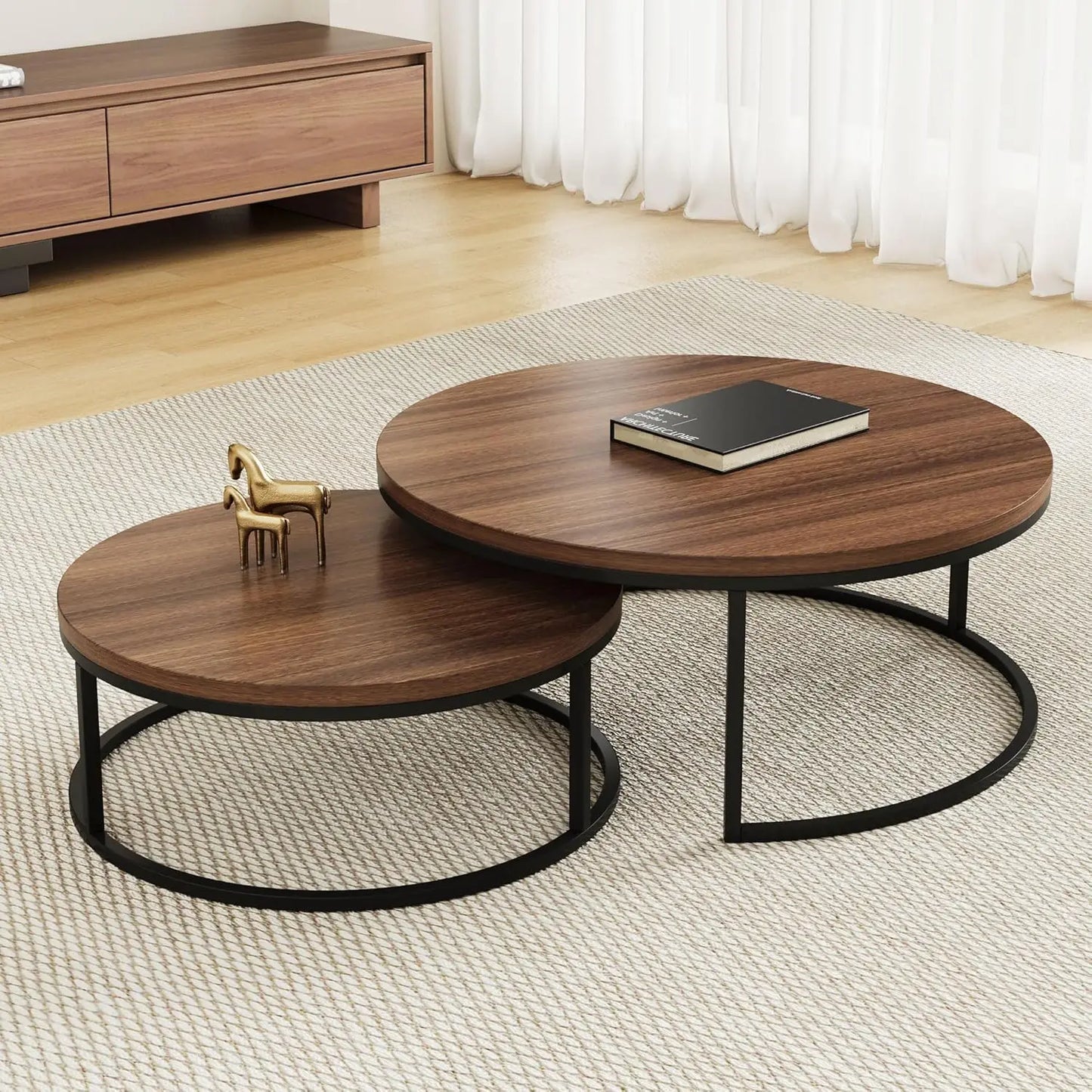 Modern Round Coffee Table Set, Nesting Cocktail Tables with Black Metal Legs, Dark Gray/Light Gray, Easy Assembly