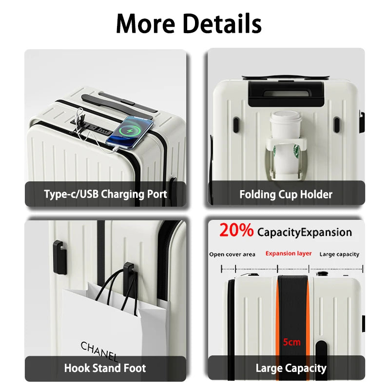 2025 New Large Capacity Luggage Suitcase Cup Holder USB Charging Men Women Girl Carry-On Boarding Luggage Travel 20/24/26 inch