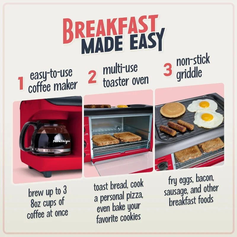 3-in-1 Breakfast Station - Includes Coffee Maker, Non-Stick Griddle, and 4-Slice Toaster Oven - Versatile Breakfast Ma