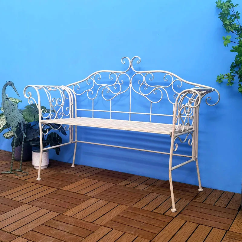 Vintage Metal Wrought Iron Foldable Slat Design Patio Bench Double Seater Outdoor Garden Bench