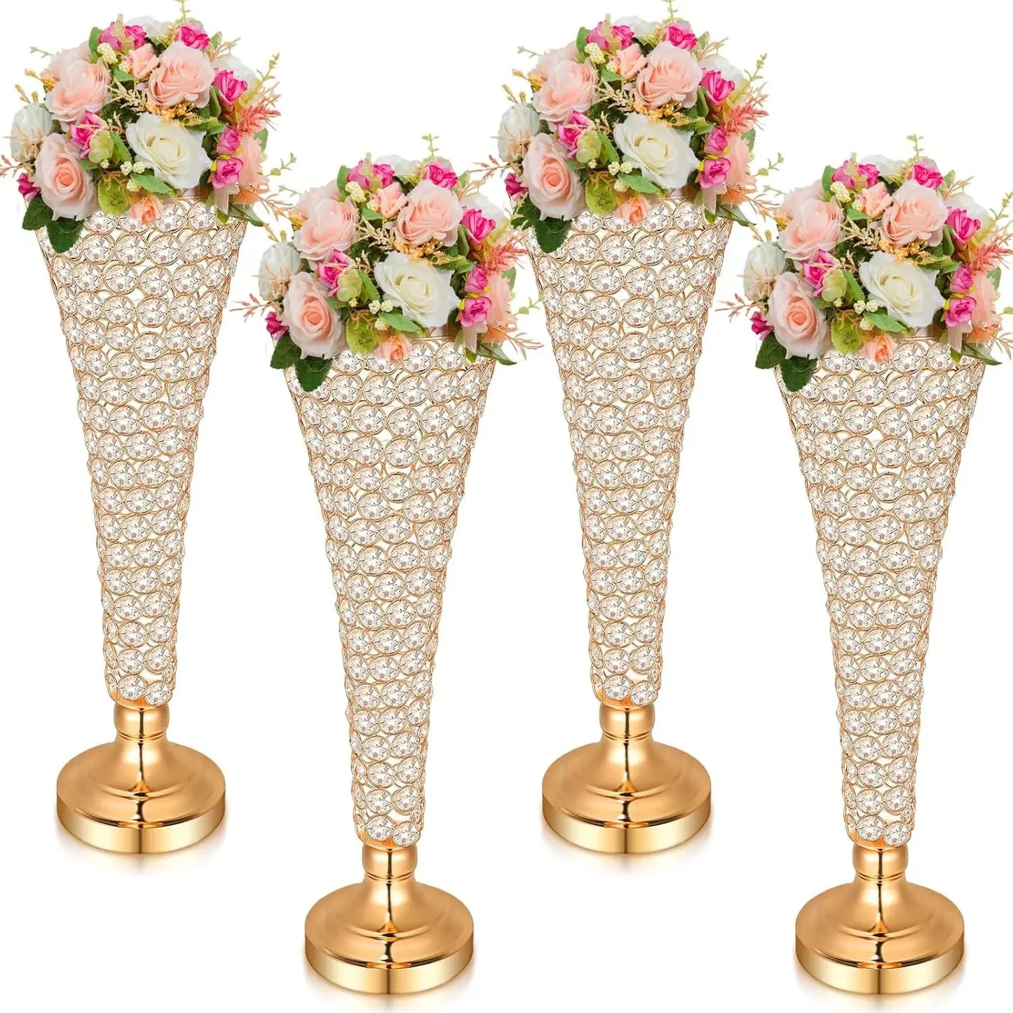 4 Pcs Crystal Trumpet Flower Vase 20 Inch Tall Wrought Iron Crystal Vase Flower Stand Centerpieces Wedding Table Decor for Home