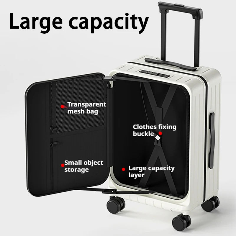 2025 New Large Capacity Luggage Suitcase Cup Holder USB Charging Men Women Girl Carry-On Boarding Luggage Travel 20/24/26 inch