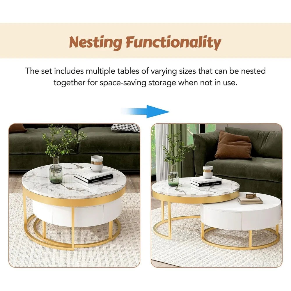 Modern Round Nesting Coffee Table with Marble Top, White & Gold Nesting Coffee Table Set of 2 Center Table with Storage Drawers