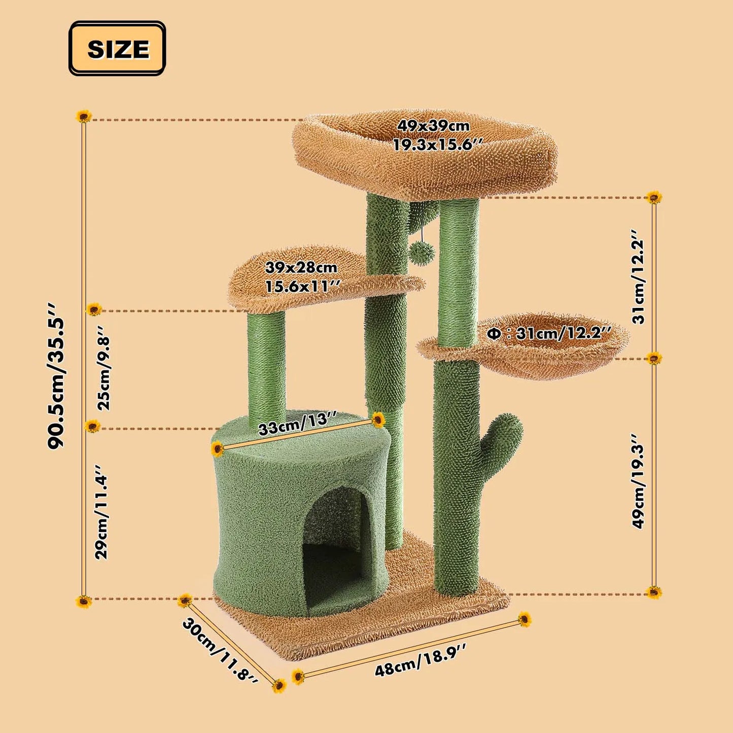Cactus Cat Tree for Indoor Cats, Small Cat Tower with Sisal Scratching Post Cozy Condo Perches, Cat Accessories, Kitten Toys