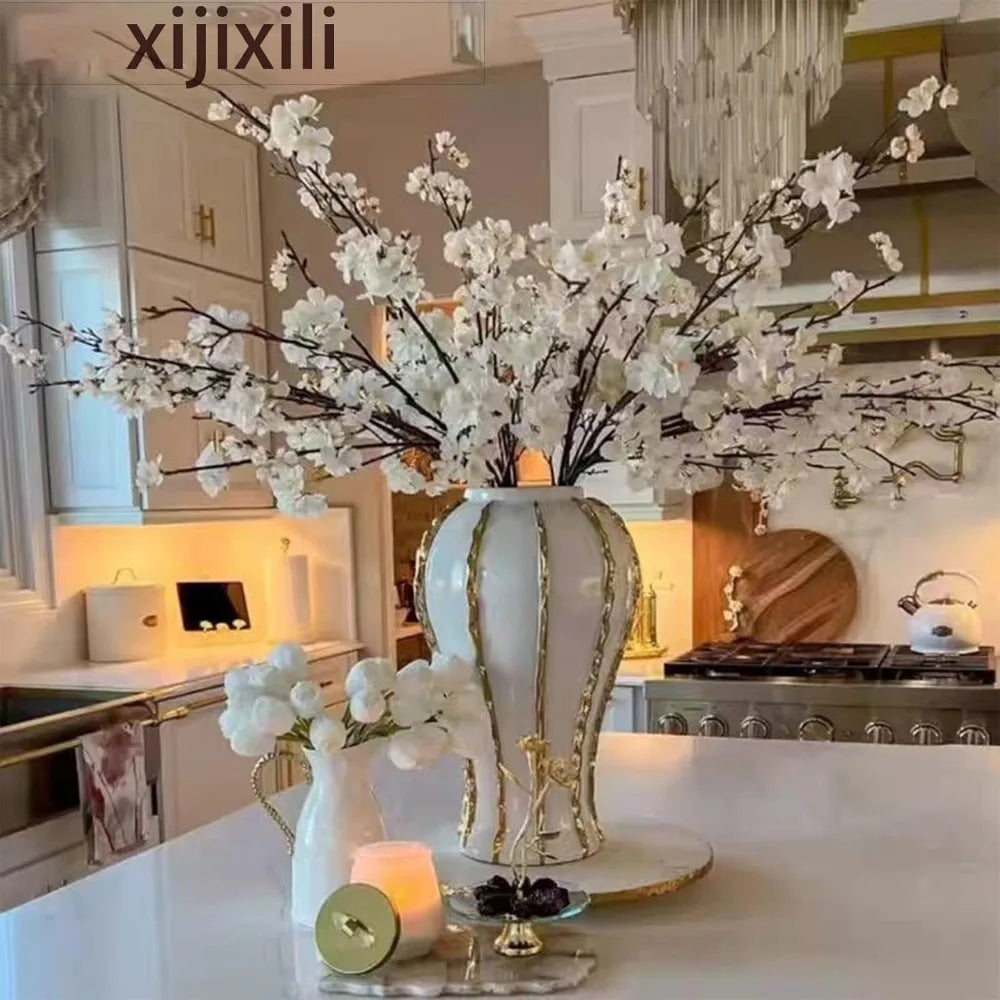 Ceramic Flower Vase with Gold Trim, Modern Decorative Vase Handmade for Weddings, Home Office,Living Room,Mantle Fireplace