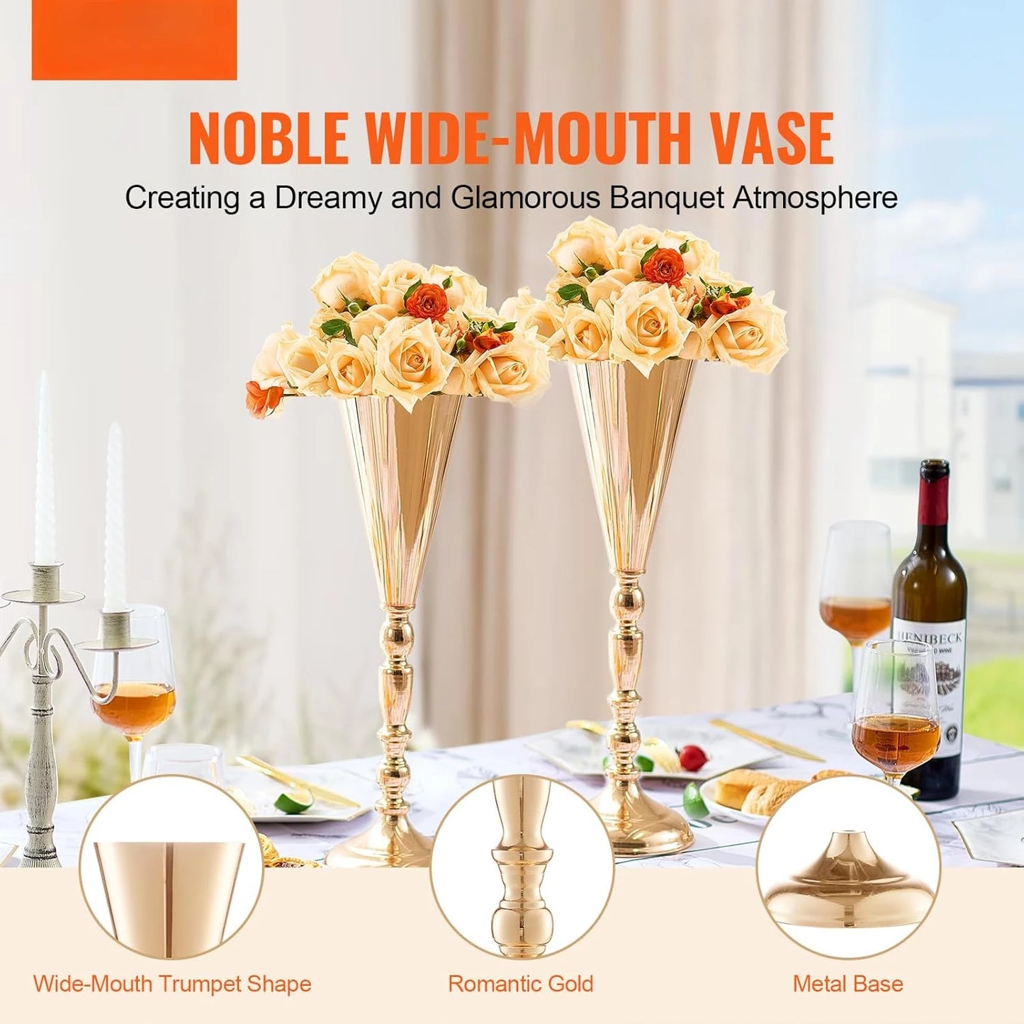 10PCS 43cm/16.9” Tall Wedding Flower Vase, Metal Wedding Trumpet Centerpiece, Gold Floral Stand Display Rack for Wedding Party