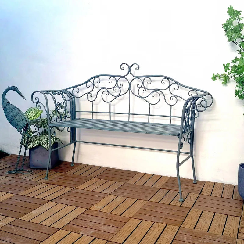 Vintage Metal Wrought Iron Foldable Slat Design Patio Bench Double Seater Outdoor Garden Bench