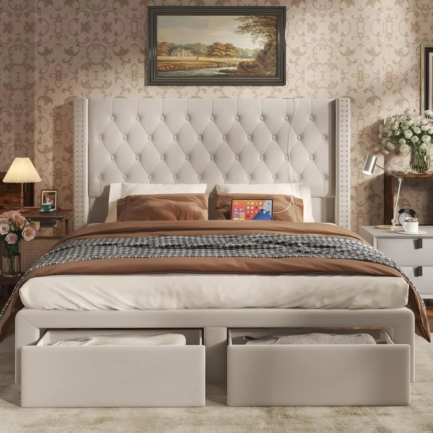 Velvet Upholstered Bed Frame Queen with Headboard and Storage, Tall Bed Frame with 2 Drawers, Tufted Wingback Bed Frame