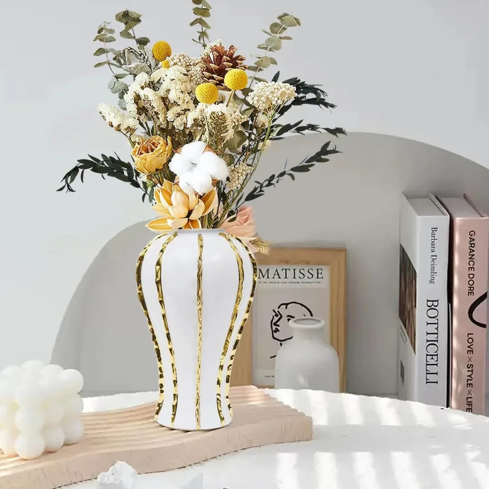 Ceramic Flower Vase with Gold Trim, Modern Decorative Vase Handmade for Weddings, Home Office,Living Room,Mantle Fireplace