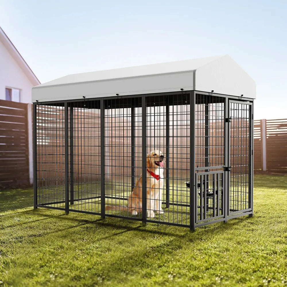 Large Dog Kennel Outdoor Pet Pens Dogs Run Enclosure Animal Hutch Metal Coop Fence with Roof Cover (8'L x 4'W x 5.6'H)