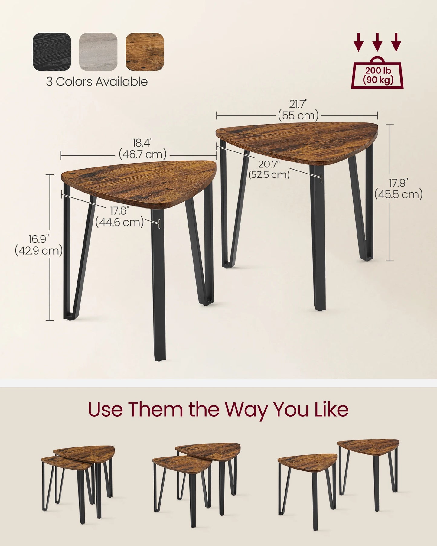 VASAGLE Nesting Coffee Tables, End Tables Set of 2 for Living Room Bedroom, Industrial Small Stacking Side Tables