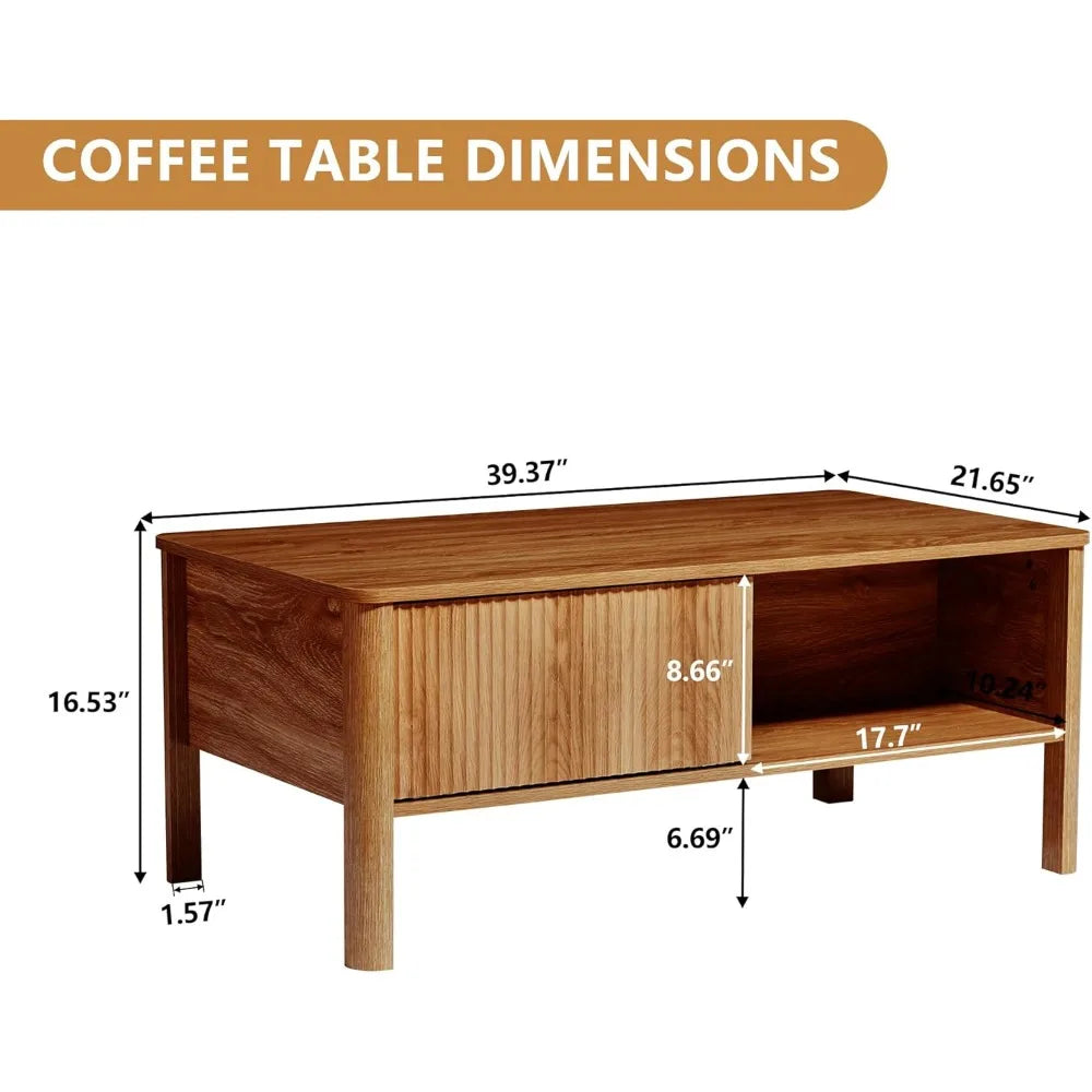 Mid-Century Modern Rectangular Wood Coffee Table with Dual Storage Shelf, Storage Center Coffee Tables with Waveform Panel