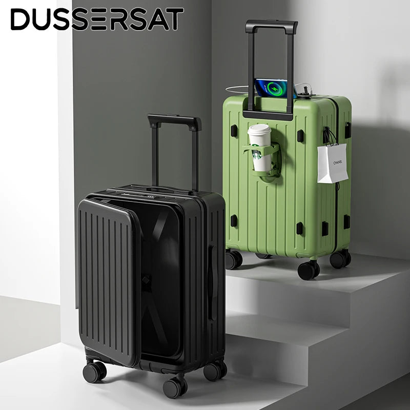 2025 New Large Capacity Luggage Suitcase Cup Holder USB Charging Men Women Girl Carry-On Boarding Luggage Travel 20/24/26 inch