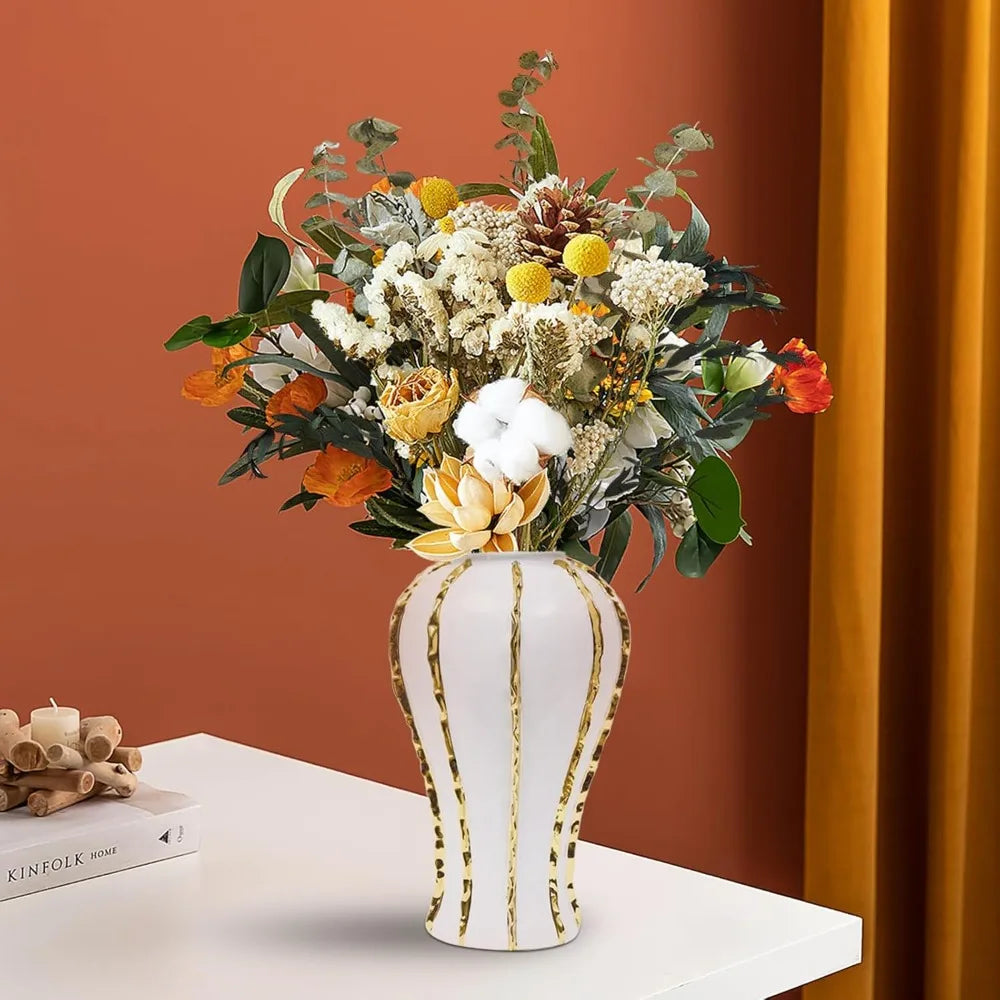 Ceramic Flower Vase with Gold Trim, Modern Decorative Vase Handmade for Weddings, Home Office,Living Room,Mantle Fireplace