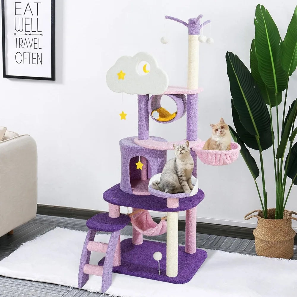 Cute Tower, Unique Cat Tree Large Tall for Indoor , Cloud Big Cat Tree Cat Castle Mansion Condo for Large Activity Trees