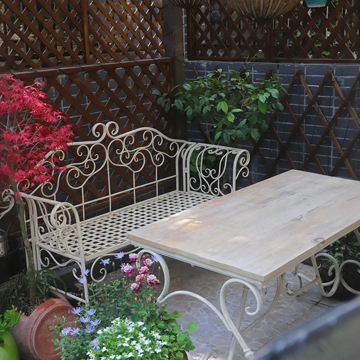 Vintage Metal Wrought Iron Foldable Slat Design Patio Bench Double Seater Outdoor Garden Bench