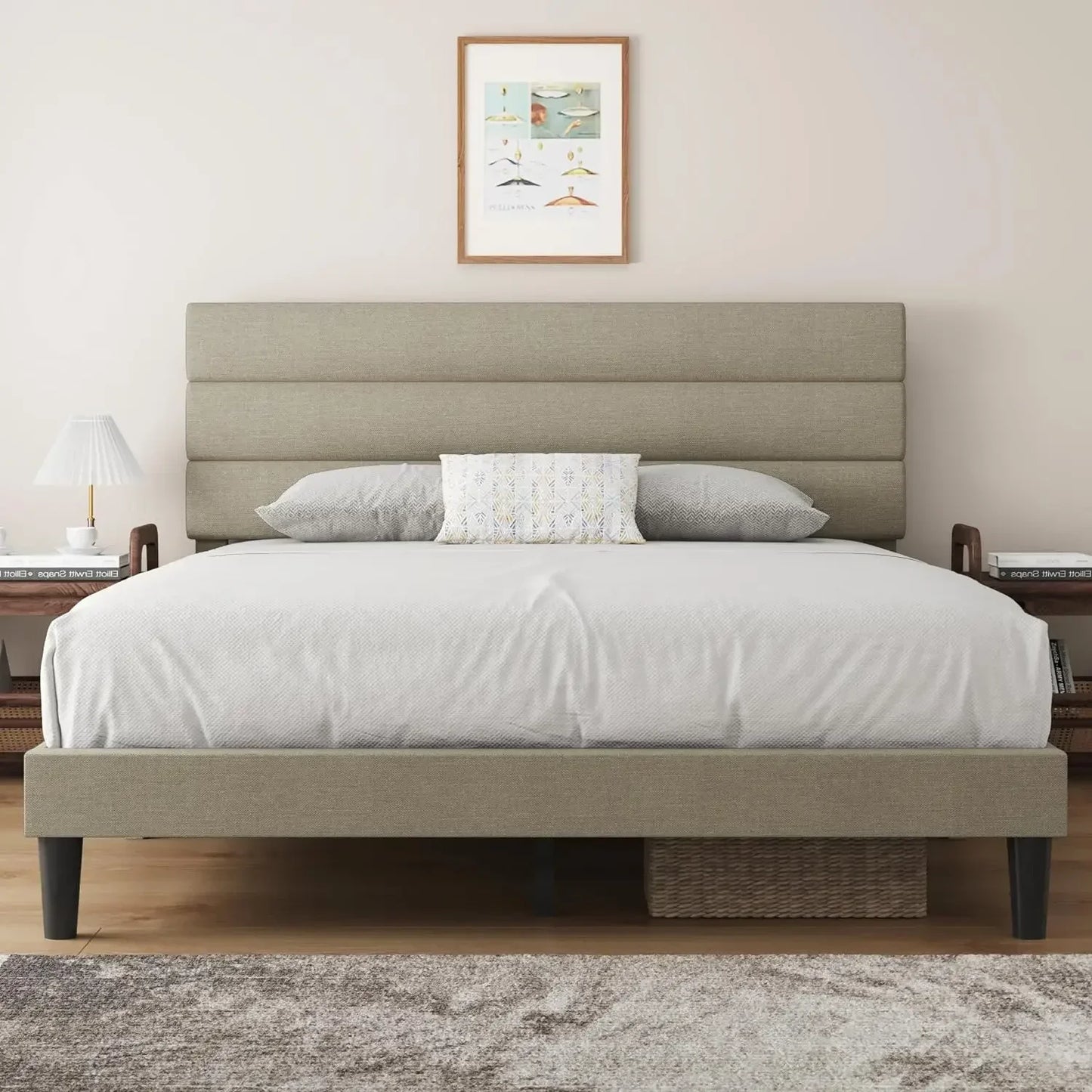 'Bed Frame Upholstered Queen Bed Frame Platform with Headboard Linen Fabric Headboard Wooden Slats Support