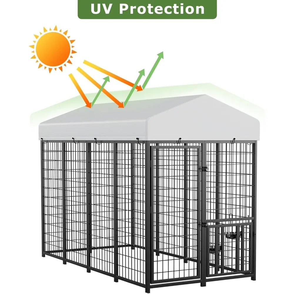 Large Dog Kennel Outdoor Pet Pens Dogs Run Enclosure Animal Hutch Metal Coop Fence with Roof Cover (8'L x 4'W x 5.6'H)