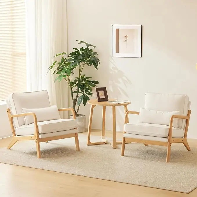 Cozy Living Room Chairs, Fine Linen Beige Accent Chairs Set of 2, Wood Lounge Chairs for Bedroom, Comfy Mid Century Modern