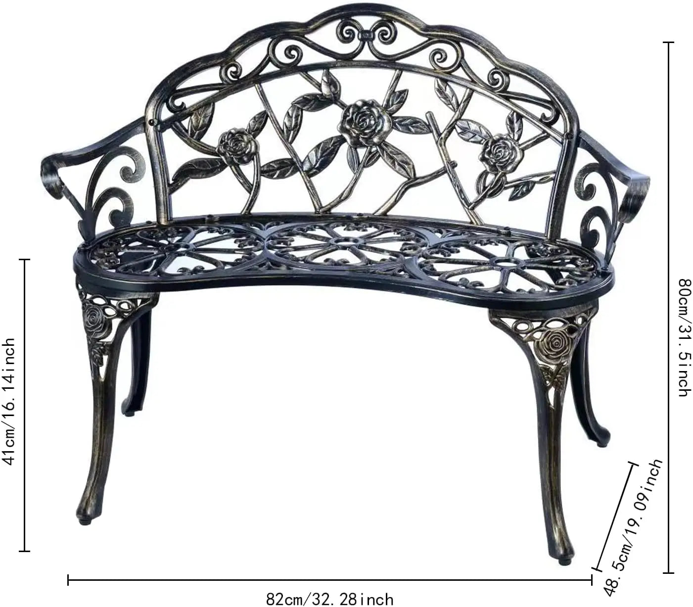 JARDIN DE CENTENNIAL Patio Garden Bench Metal Park Bench Cast Aluminum Outdoor Furniture with Floral Rose for Patio,Park,Lawn,Ya