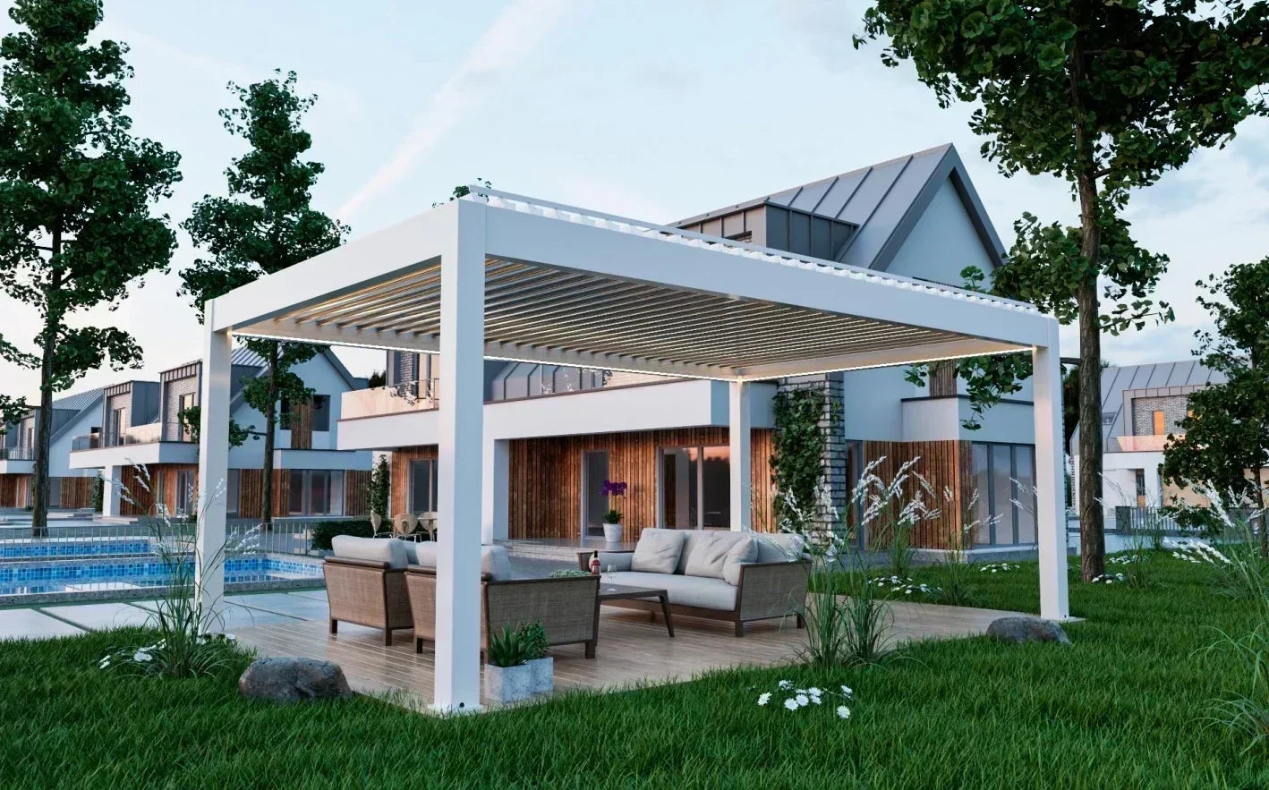 Waterproof Outdoor Pergola with Sliding Glass Door Garden Louvered Pergola for Living Room Outdoor Motorized Aluminum Gazebos