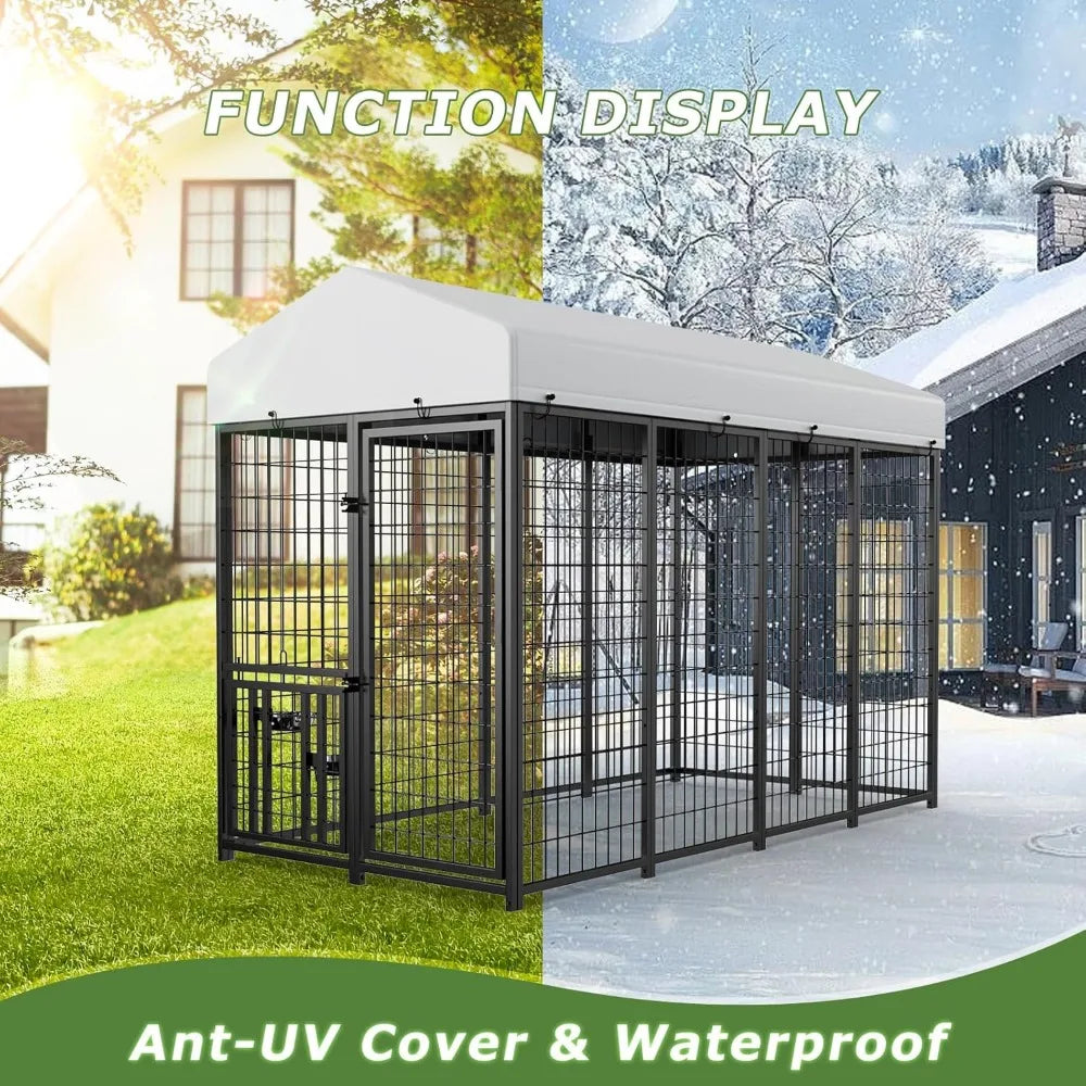 Large Dog Kennel Outdoor Pet Pens Dogs Run Enclosure Animal Hutch Metal Coop Fence with Roof Cover (8'L x 4'W x 5.6'H)