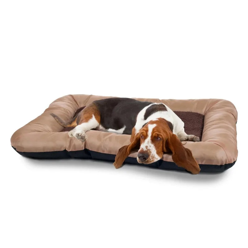 - 43x29 Pet Bed with Sherpa Sleep Surface, Memory Foam, Non-Skid Bottom, and Water-Resistant Nylon Neck Bolster Edging b