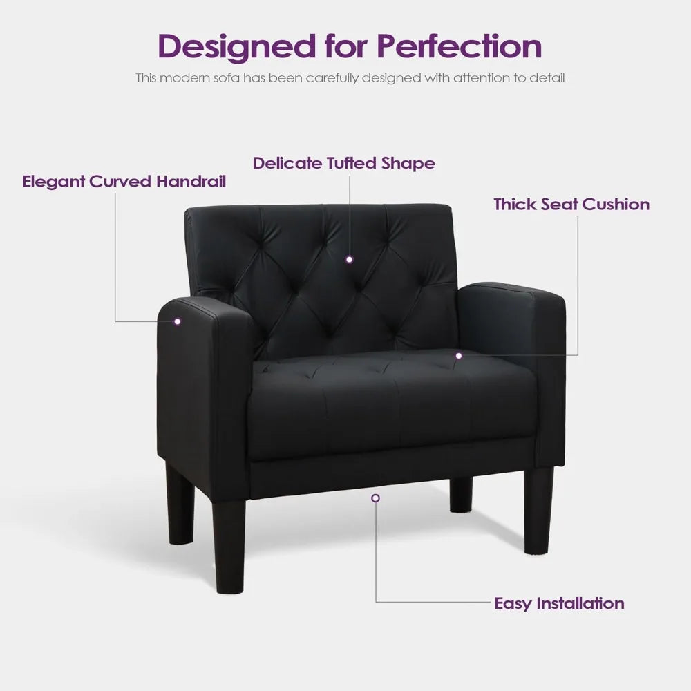 Accent Chair Comfy Living Room Chair Black Leather Tufted Mid Century Modern Accent Chairs Small Cozy Reading Arm Chair