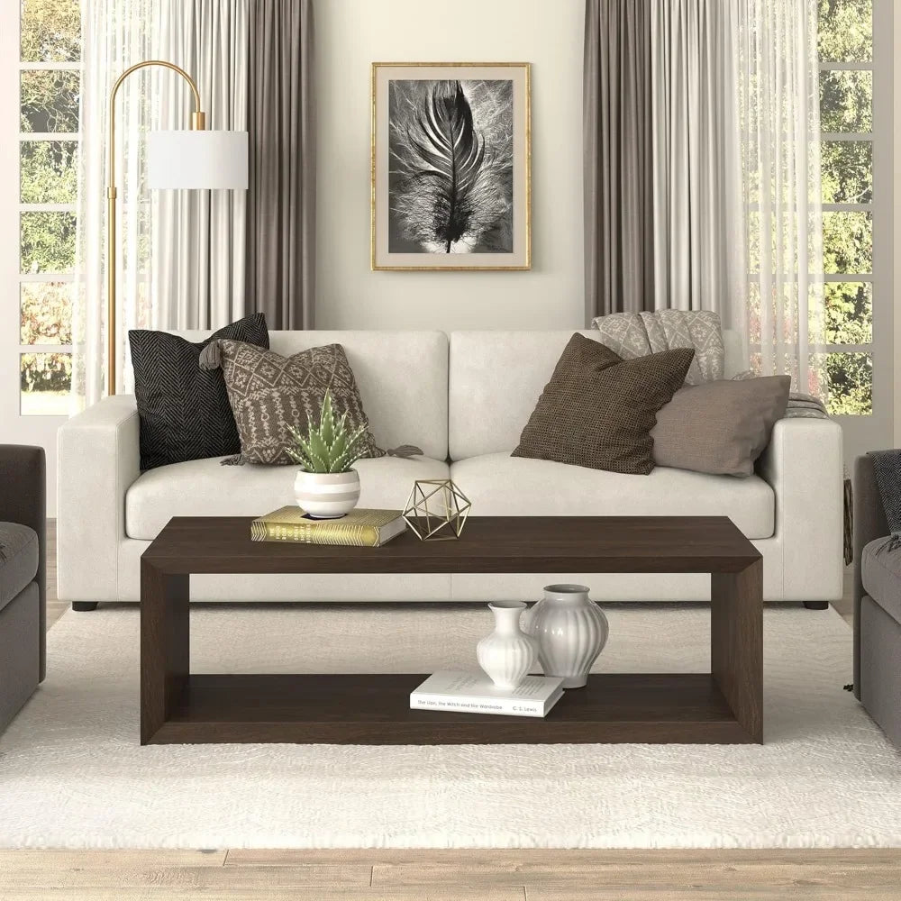 58" Wide Rectangular Coffee Table in Alder Brown, for Home, Living Room, Bedroom, Entertainment Room, Office