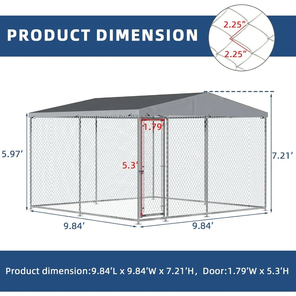 Outdoor Large Dog Kennel, Heavy Duty Dog cage, Galvanized Steel Dog Fence, with UV Resistant Waterproof Cover and Safety Lock