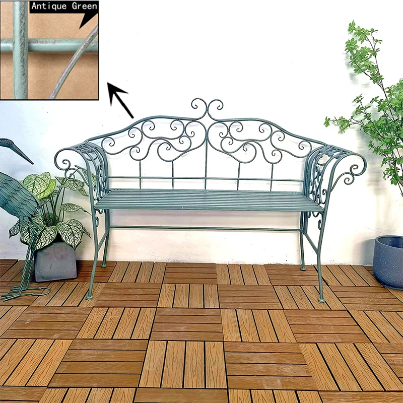 Vintage Metal Wrought Iron Foldable Slat Design Patio Bench Double Seater Outdoor Garden Bench