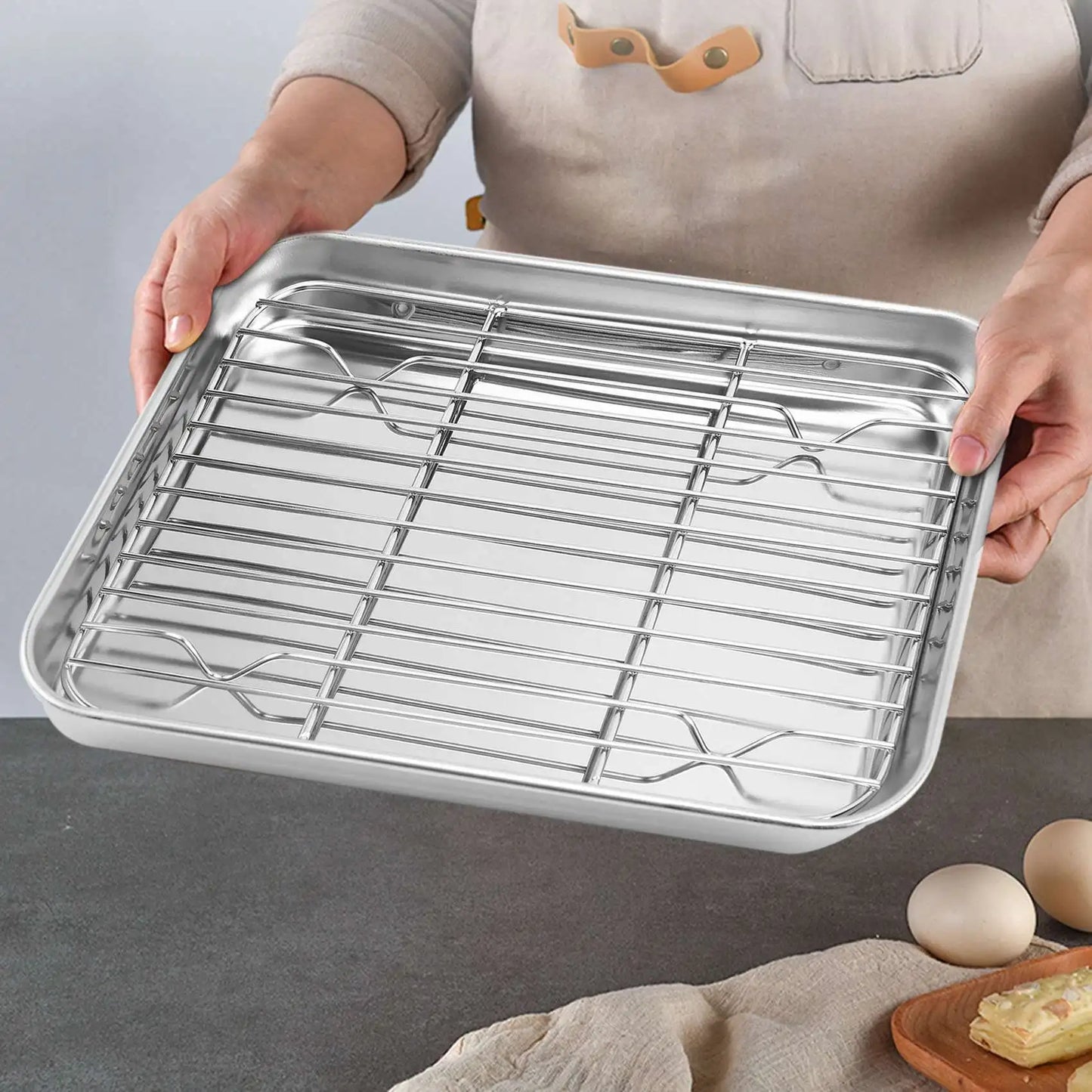 9 Inch Toaster Oven Tray and Rack Set, Small Stainless Steel Baking Pan with Cooling Rack,Dishwasher Safe Baking Sheet