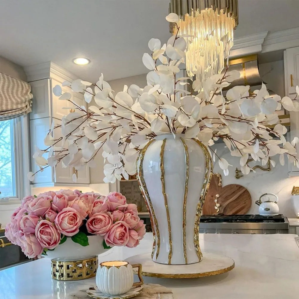 Ceramic Flower Vase with Gold Trim, Modern Decorative Vase Handmade for Weddings, Home Office,Living Room,Mantle Fireplace