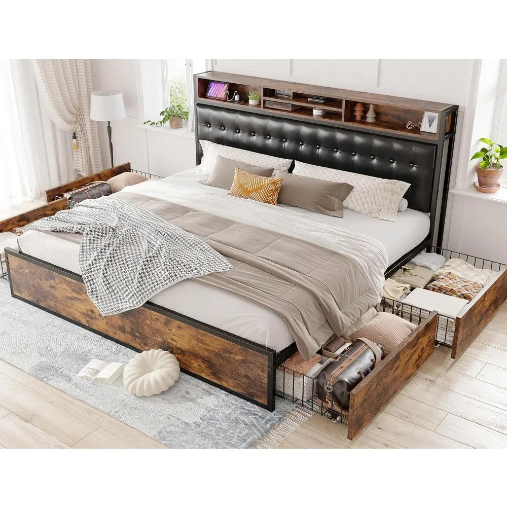 King Bed Frame with 4 Storage Drawers and Headboard, Bed Frame with Storage & Charging Station, No Box Spring Needed, Bed Frame