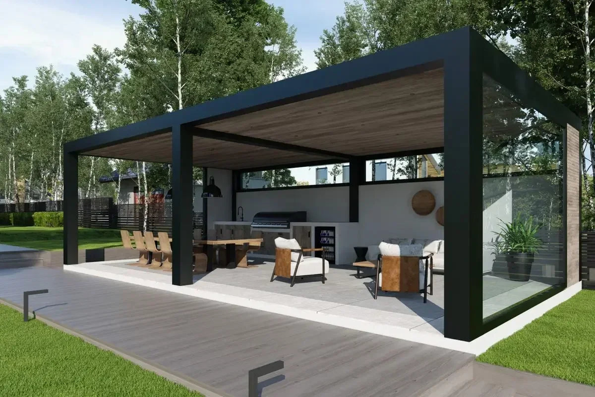 Waterproof Outdoor Pergola with Sliding Glass Door Garden Louvered Pergola for Living Room Outdoor Motorized Aluminum Gazebos