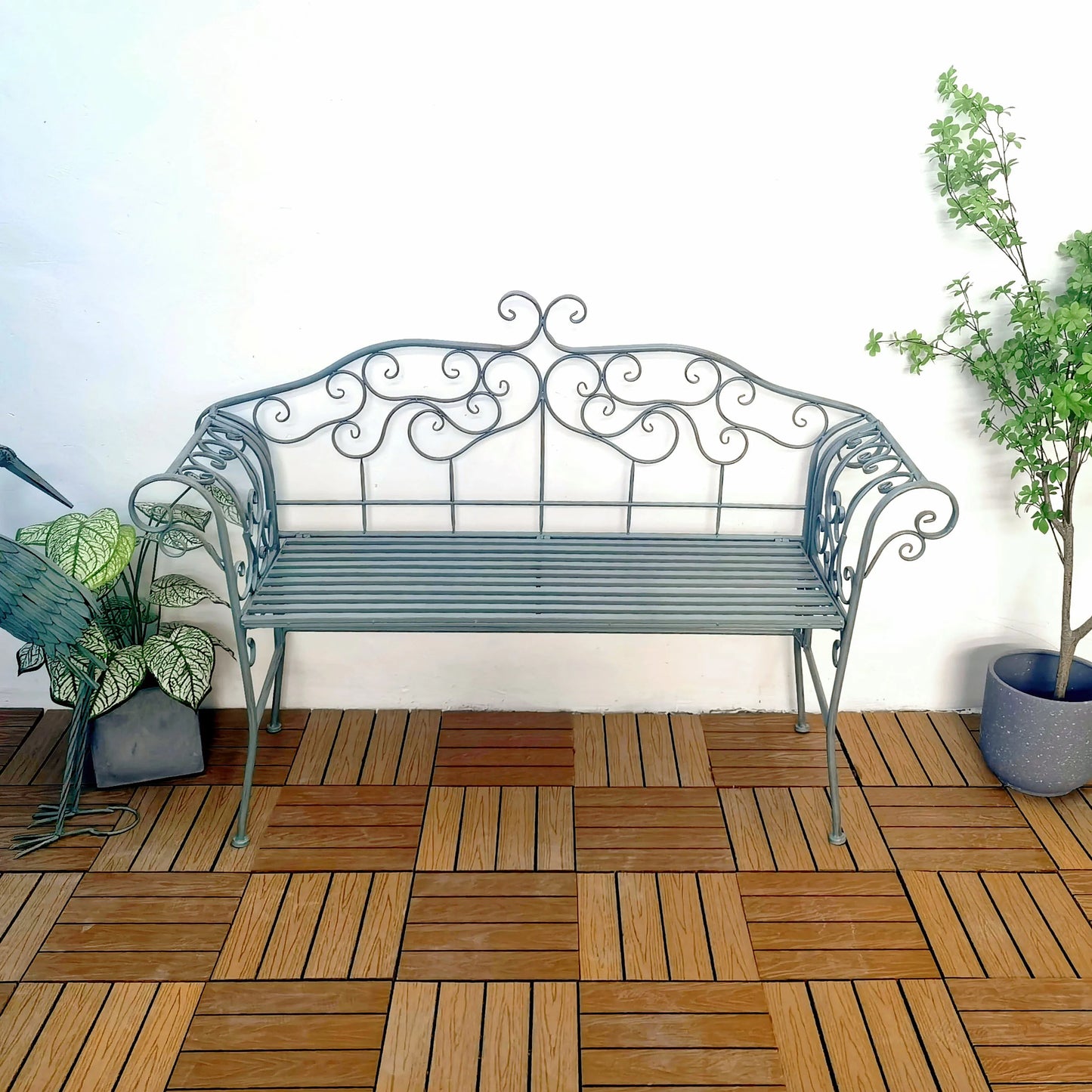 Vintage Metal Wrought Iron Foldable Slat Design Patio Bench Double Seater Outdoor Garden Bench
