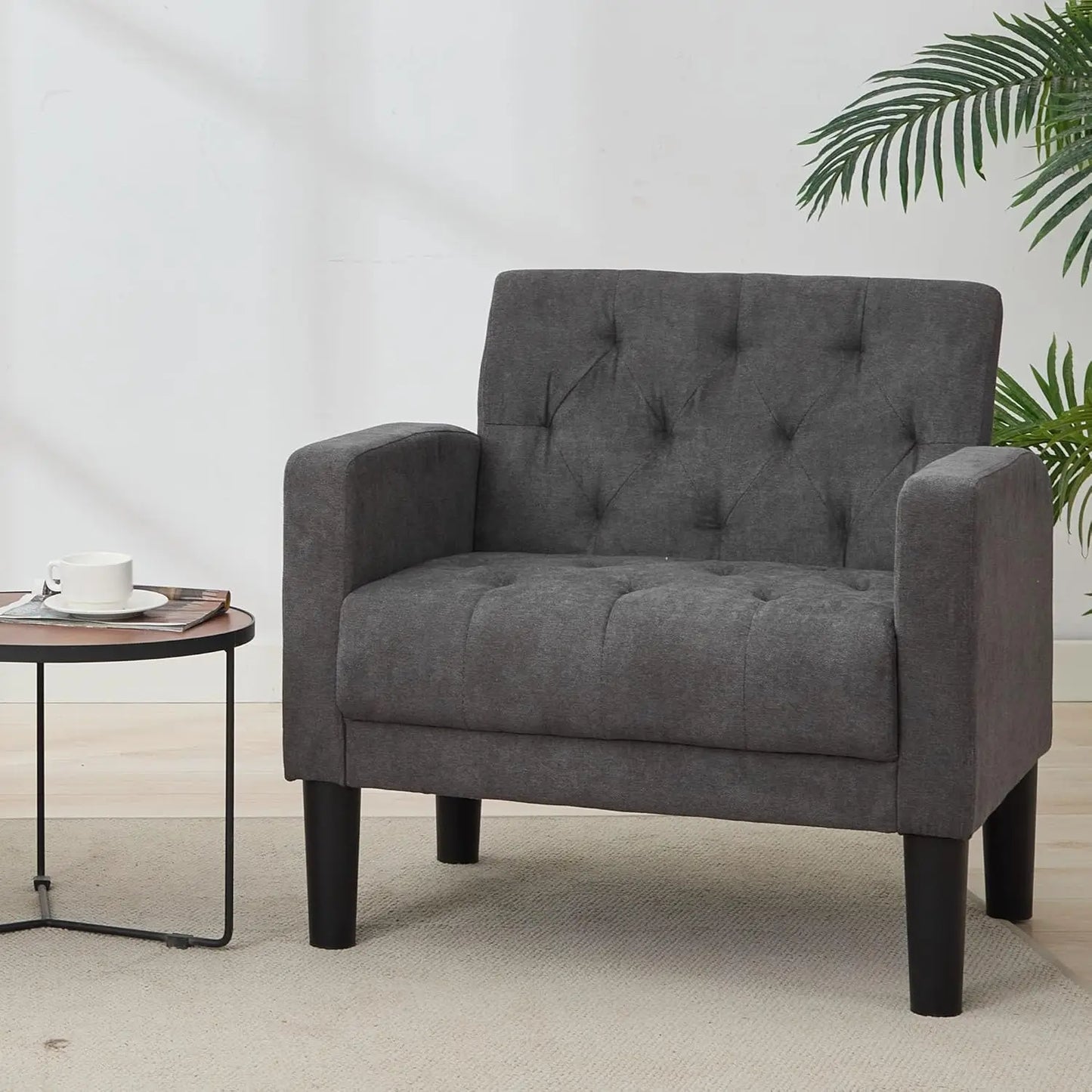 Accent Chair Comfy Living Room Chair Black Leather Tufted Mid Century Modern Accent Chairs Small Cozy Reading Arm Chair