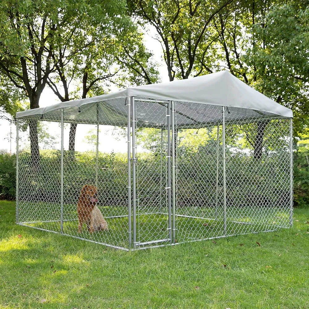 Outdoor Large Dog Kennel, Heavy Duty Dog cage, Galvanized Steel Dog Fence, with UV Resistant Waterproof Cover and Safety Lock