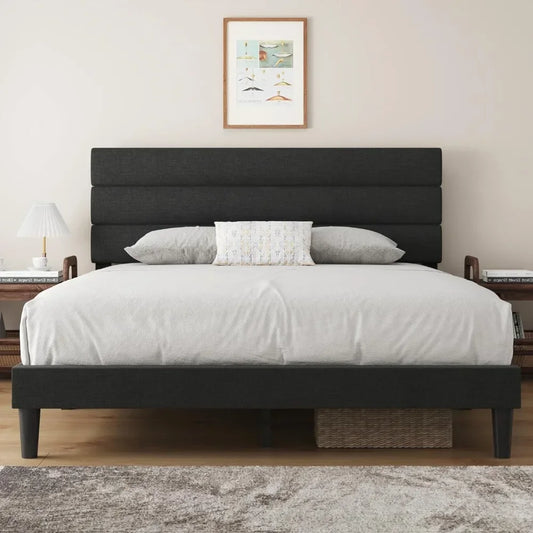 'Bed Frame Upholstered Queen Bed Frame Platform with Headboard Linen Fabric Headboard Wooden Slats Support