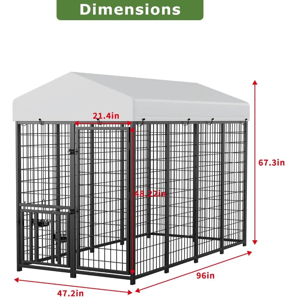 Large Dog Kennel Outdoor Pet Pens Dogs Run Enclosure Animal Hutch Metal Coop Fence with Roof Cover (8'L x 4'W x 5.6'H)
