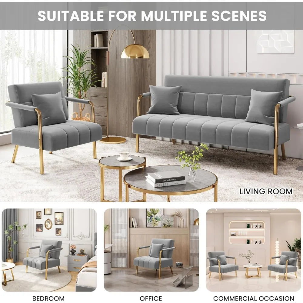 30" W Accent Chair Velvet Oversized Armchair Living Room Chair with Golden Frame & Cozy Pillow for Living Room, Light Gray