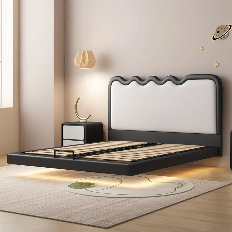 Cream Floating Kids Bed - Minimalist Solid Wood Frame with LED Lighting